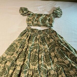 Ethnic Pattern Green and Cream Floral Two-Piece Set